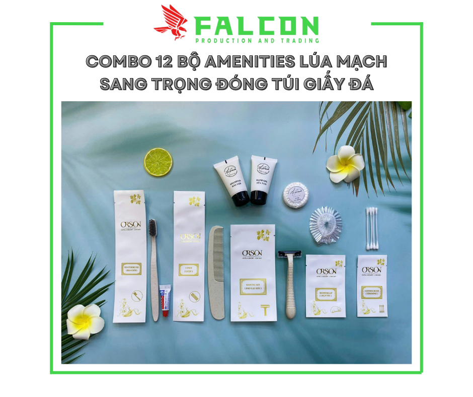 Combo 12 Bộ amenities lúa mạch sang trọng đóng túi giấy đá