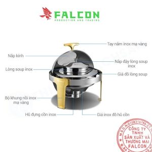 Nồi hầm soup buffet tròn chân vàng nắp kính mở 180 độ