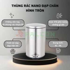Thùng rác nano đạp chân hình tròn dung tích 6L - 8L